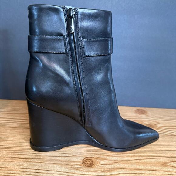 Sam Edelman Black Gold Buckle Weslie Leather Wedge Ankle Boots Womens 7 - Picture 4 of 12